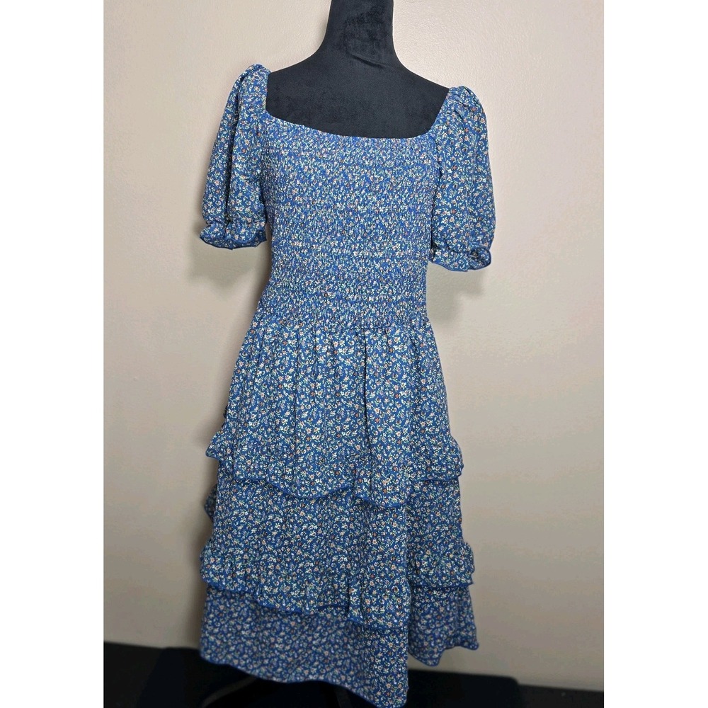 Kirundo Dress Floral Smocked Tiered Dress Size XL Blue Cottegecore Summer
